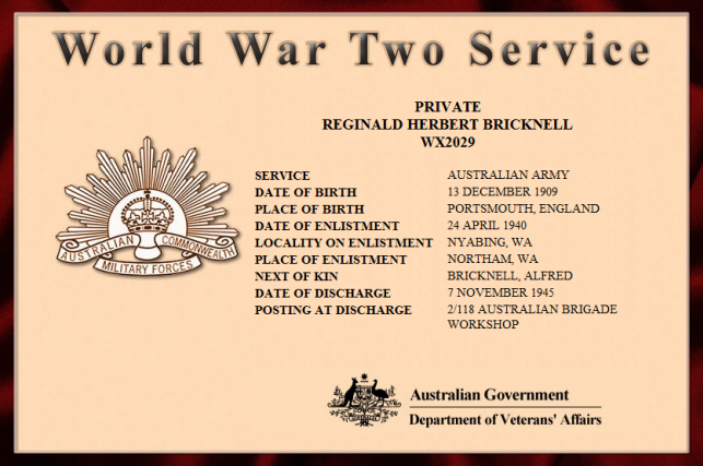 Reginald Bricknell's WW2 Service Card